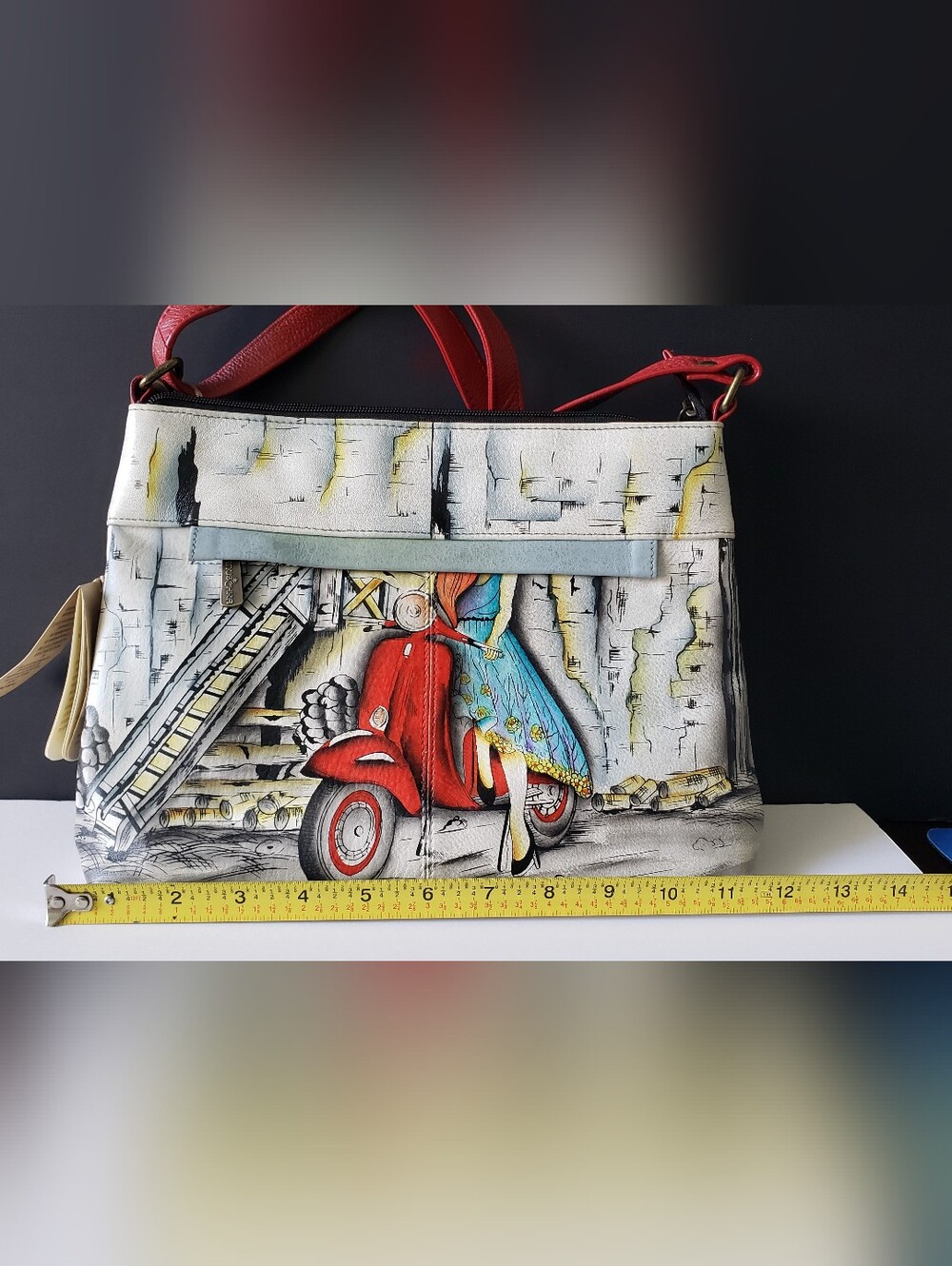 NWT Anuschka Leather Asymmetric Crossbody Bag Roman Dreams Scooter Art 8354 - Picture 8 of 16